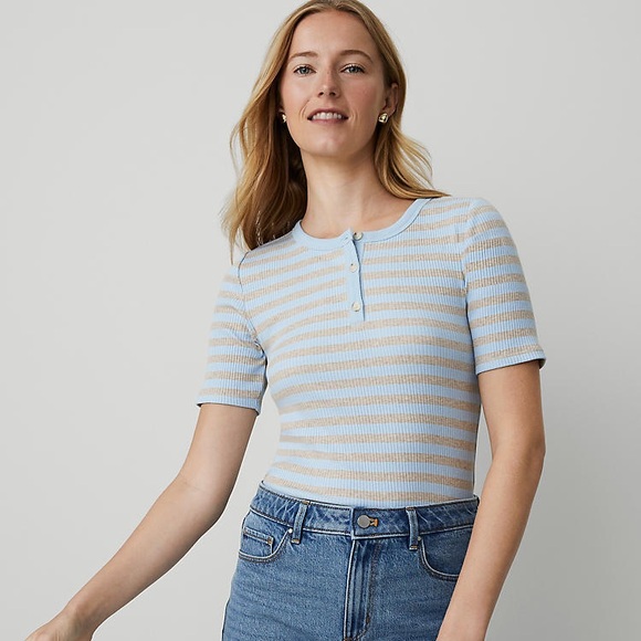 Ann Taylor Weekend Collection Striped Ribbed Henley Top Freesia Blue SP - Picture 2 of 8